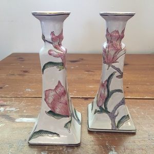 Ceramic Candle Sticks, Hand Painted, Chinoiserie Pink Flower Blossoms Pattern